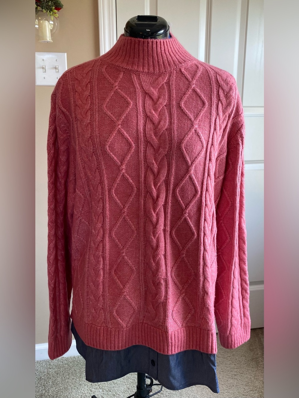 NWOT Joan Rivers Mock Neck Cable Long Sleeve 2Fer Sweater